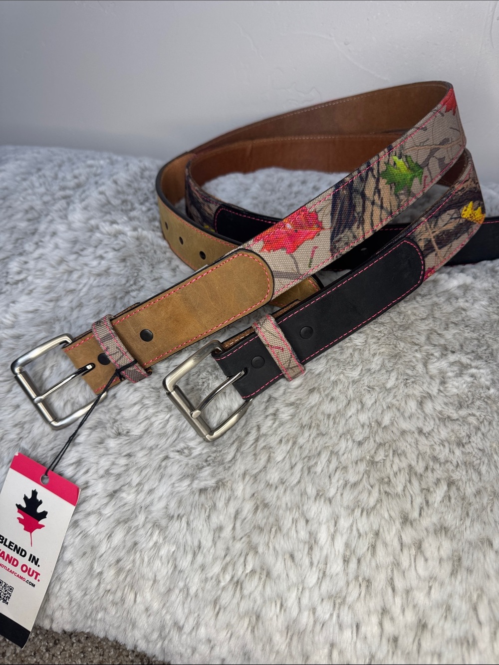 HOTLEAF 2 Pack Canvas & Leather Camo Belts Brown & Black w/ Pink Stitching